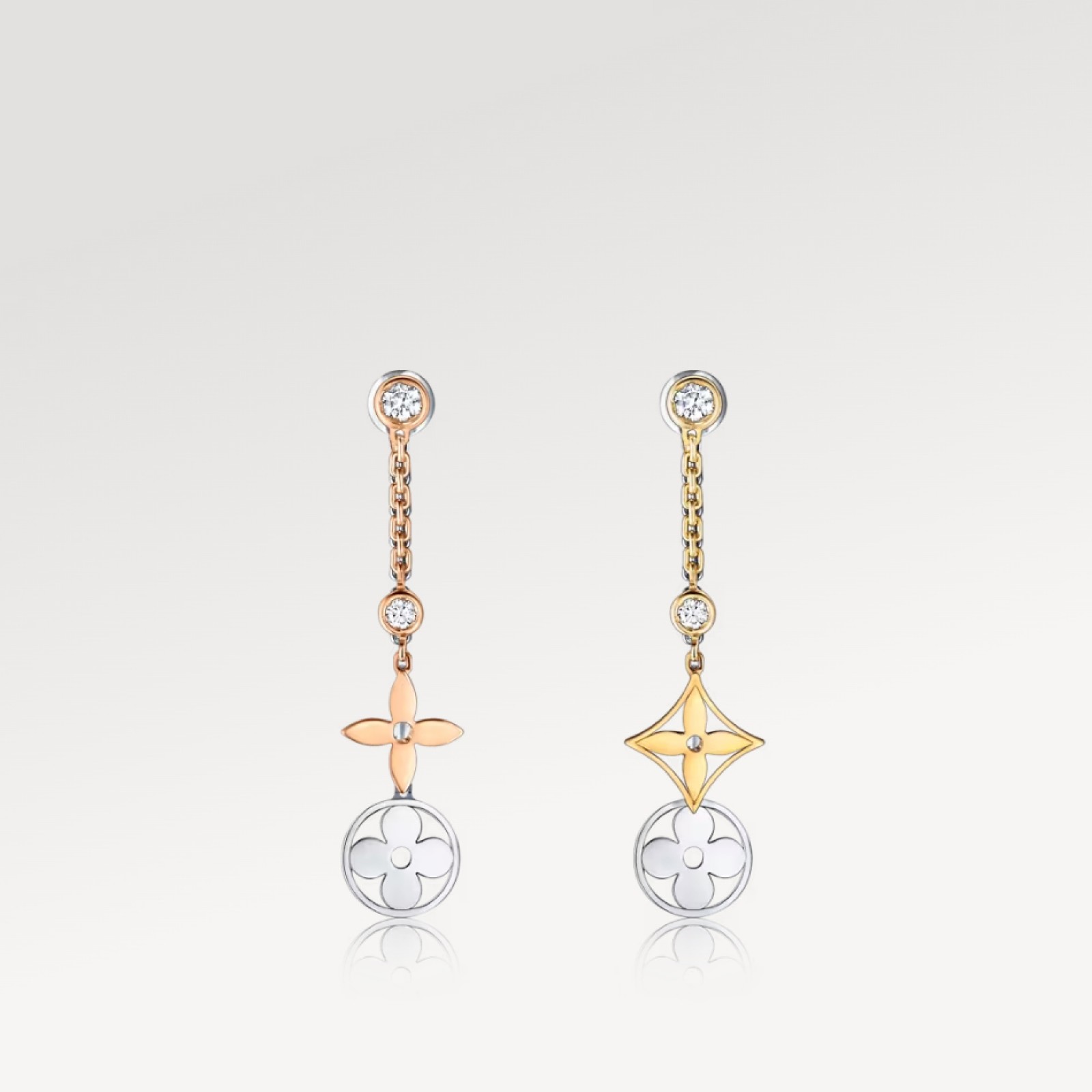 Blossom long earrings, 3 golds and diamonds