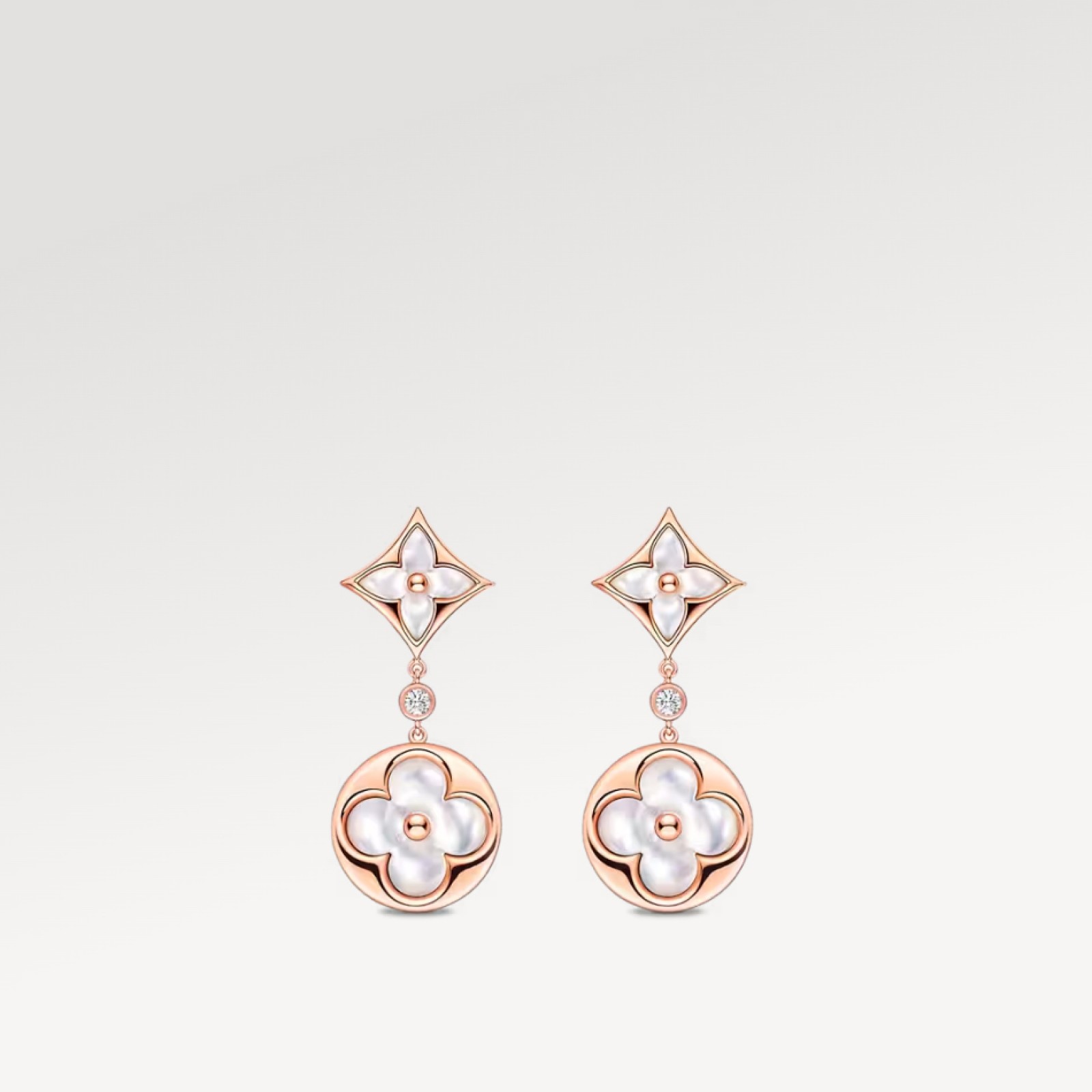 Color Blossom Long Earrings, Pink Gold, White Mother-Of-Pearl And Diamonds 