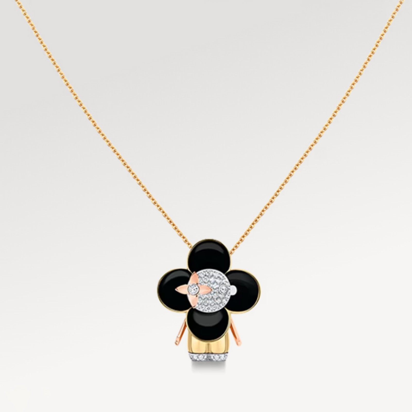 Vivienne pendant, 3 golds, black lacquer & diamonds