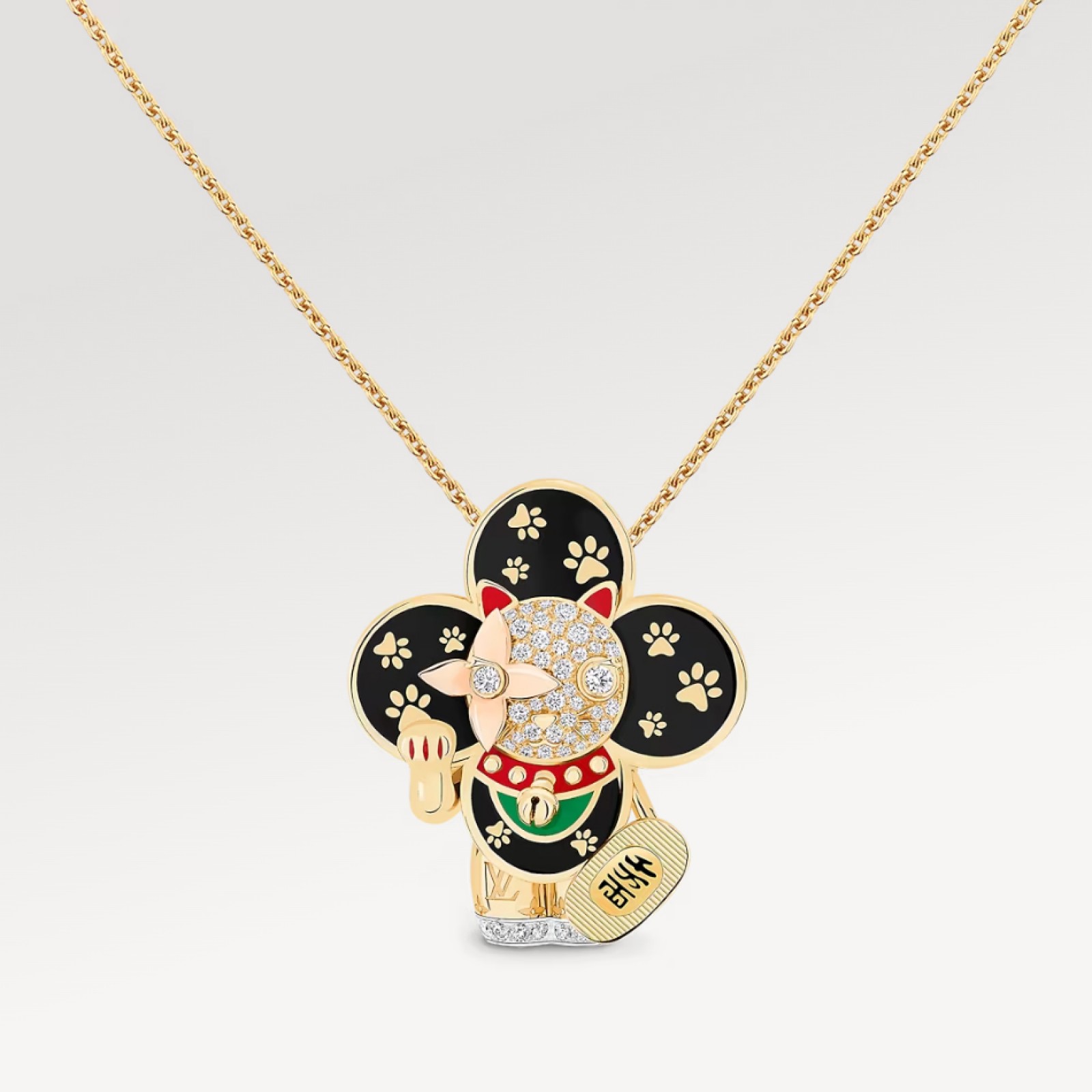 Vivienne Maneki Neko Pendant, 3 Golds, Lacquer & Diamonds