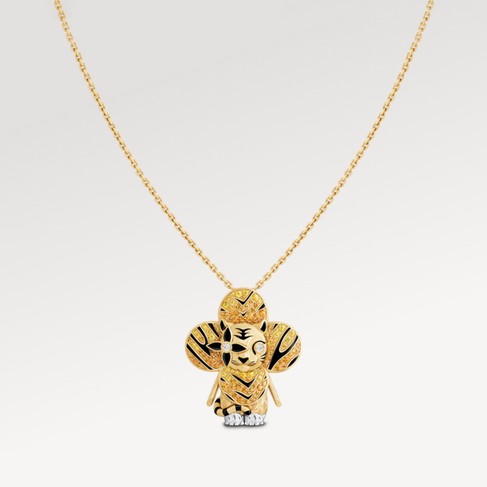 Vivienne Tiger Pendant, Yellow Gold, White Gold, Lacquer, Diamonds & Colored Gemstones