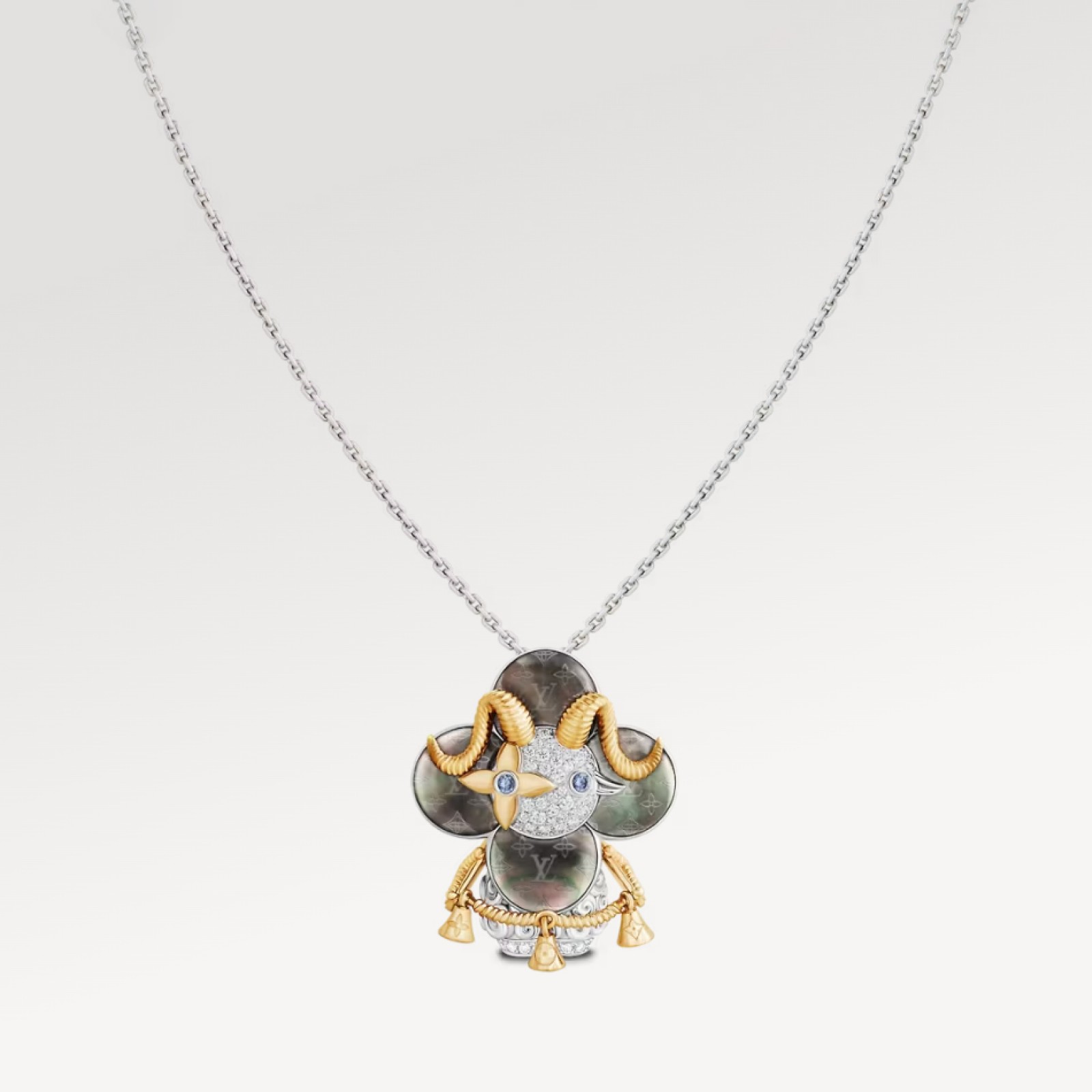 Vivienne Sheep Pendant, Yellow Gold, White Gold, Grey Mother-Of-Pearl, Diamonds & Colored Gemstones