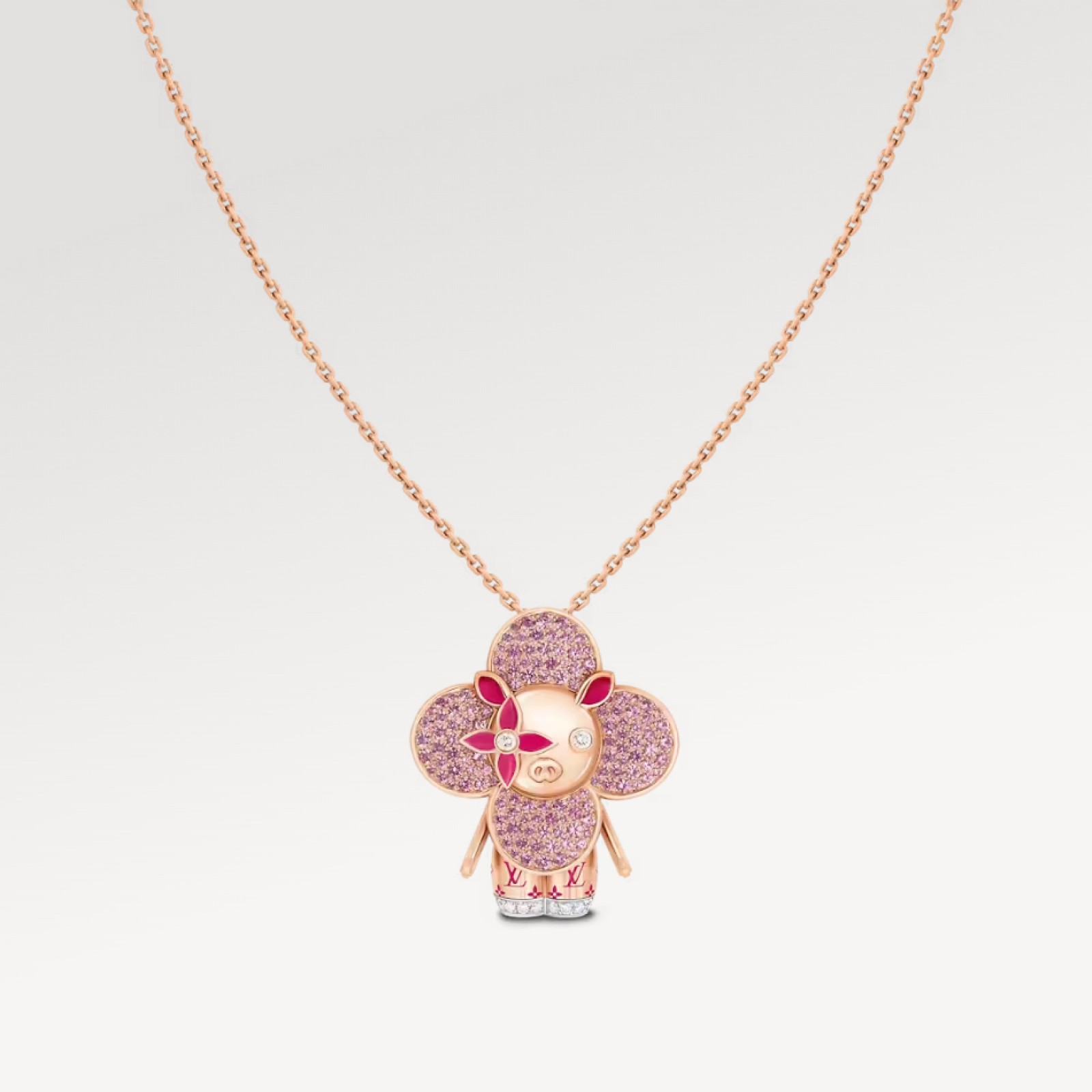 Vivienne Pig Pendant, Pink Gold, Lacquer, Diamonds & Colored Gemstones