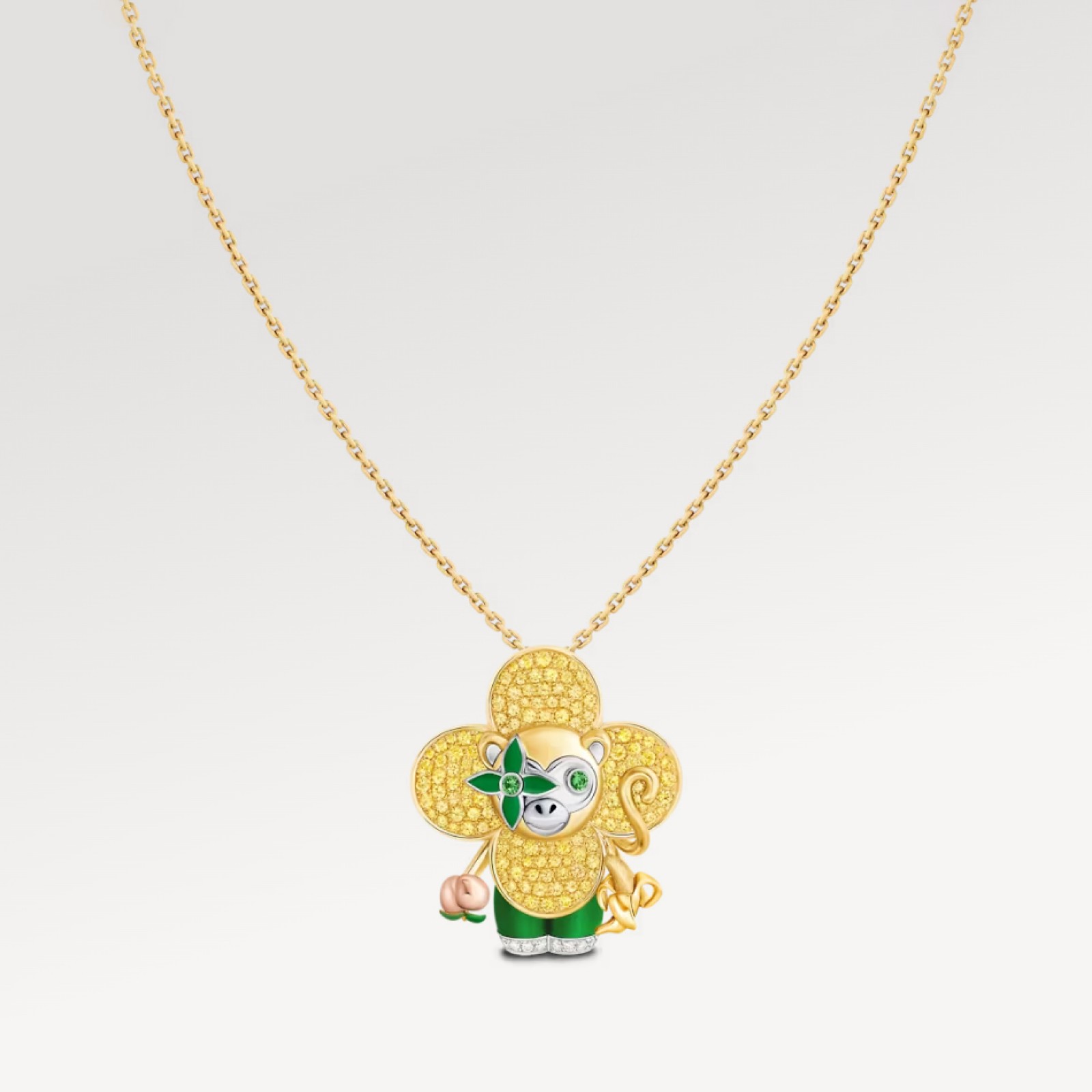 Vivienne Monkey Pendant, 3 Golds, Lacquer, Diamonds & Colored Gemstones
