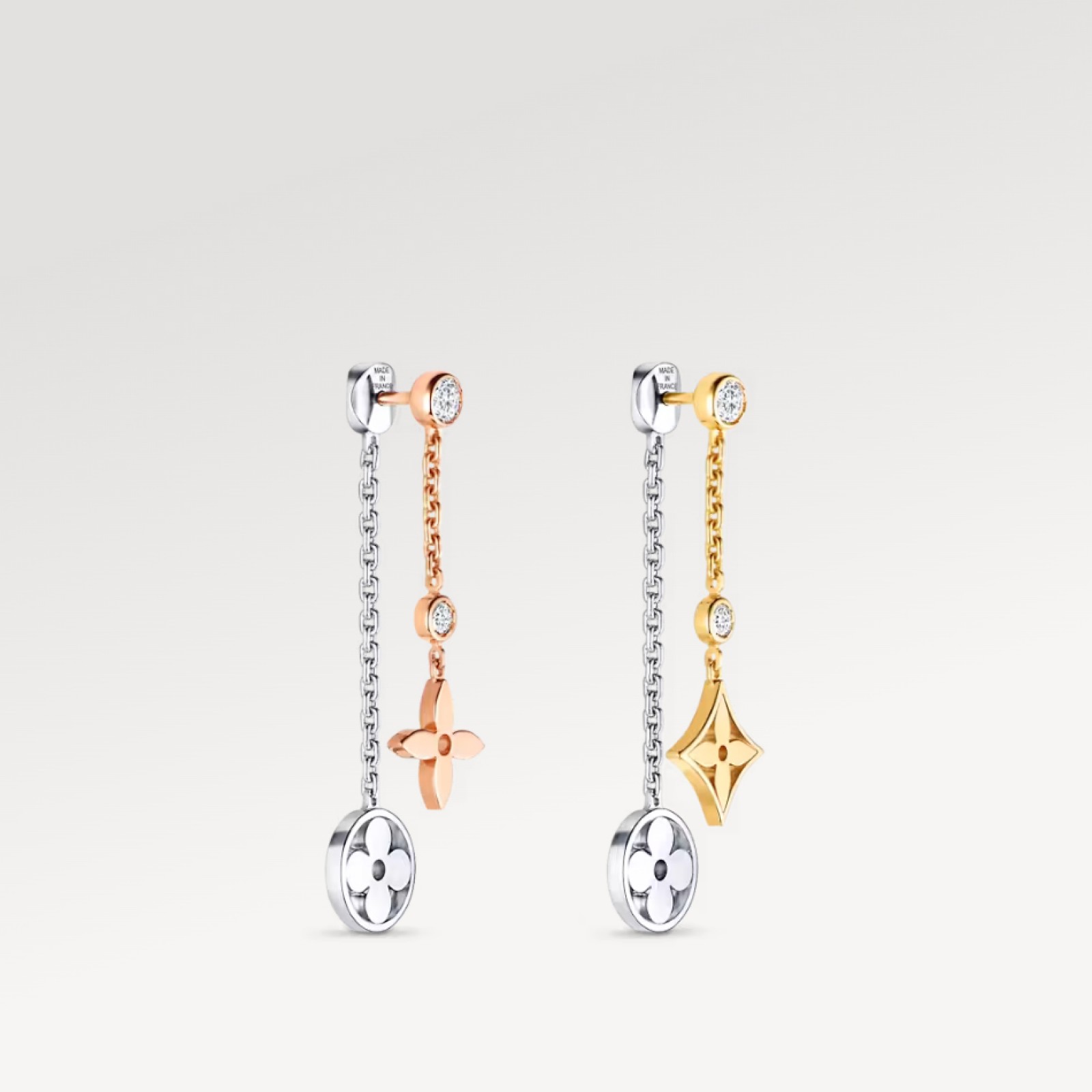 Blossom long earrings, 3 golds and diamonds