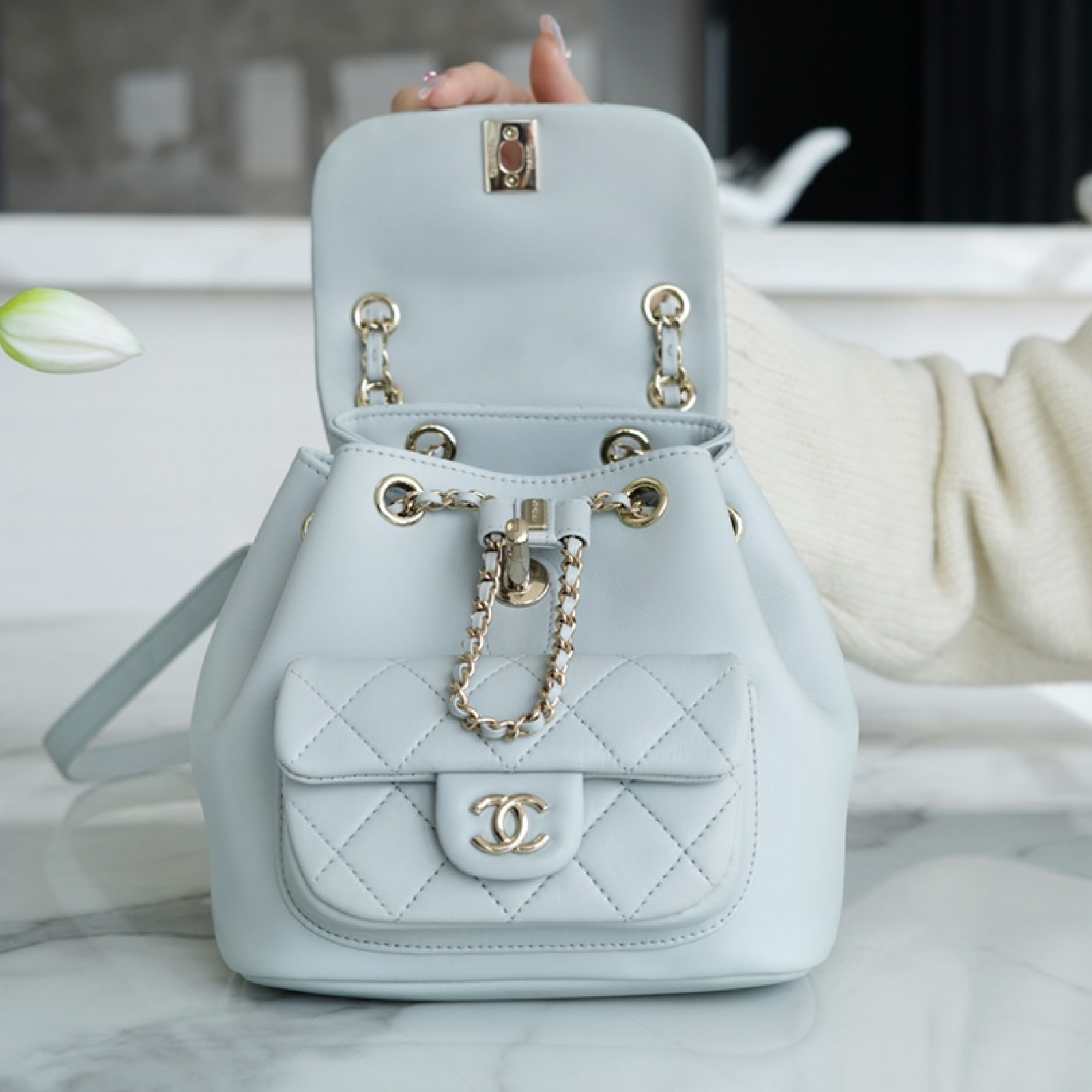 CHANEL SMALL DUMA POCKETS DRAWSTRING BACKPACK BAG